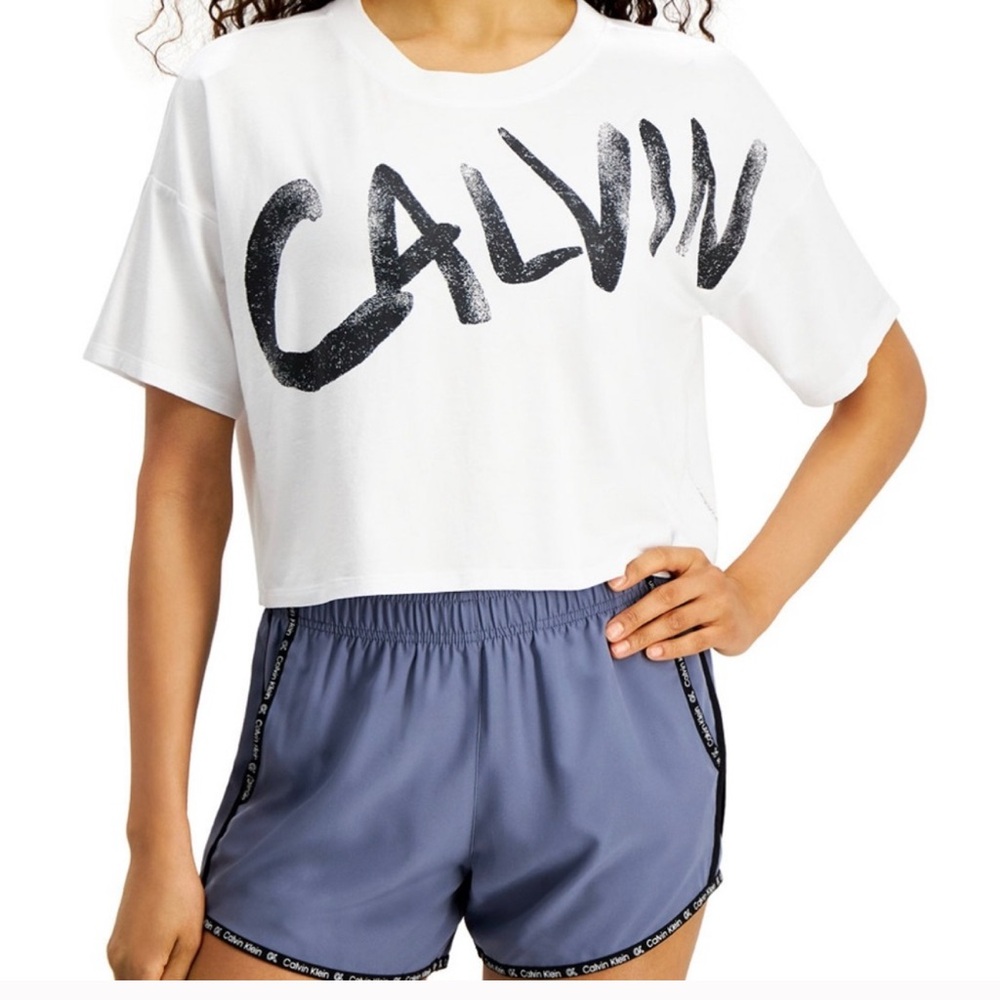 Calvin Klein Performance Brushed-Logo Relaxed Cropped T-Shirt
